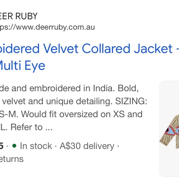 Deer Ruby Embroidered Velvet Collared Jacket - Tan with Multi Eye - O/S - Picture 5 of 6